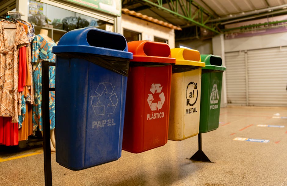 A row of four waste recycling bins positioned outdoors on a concrete surface inside a property, aligned along a black metal stand. The first bin is blue with a lid, marked with a recycling symbol and 