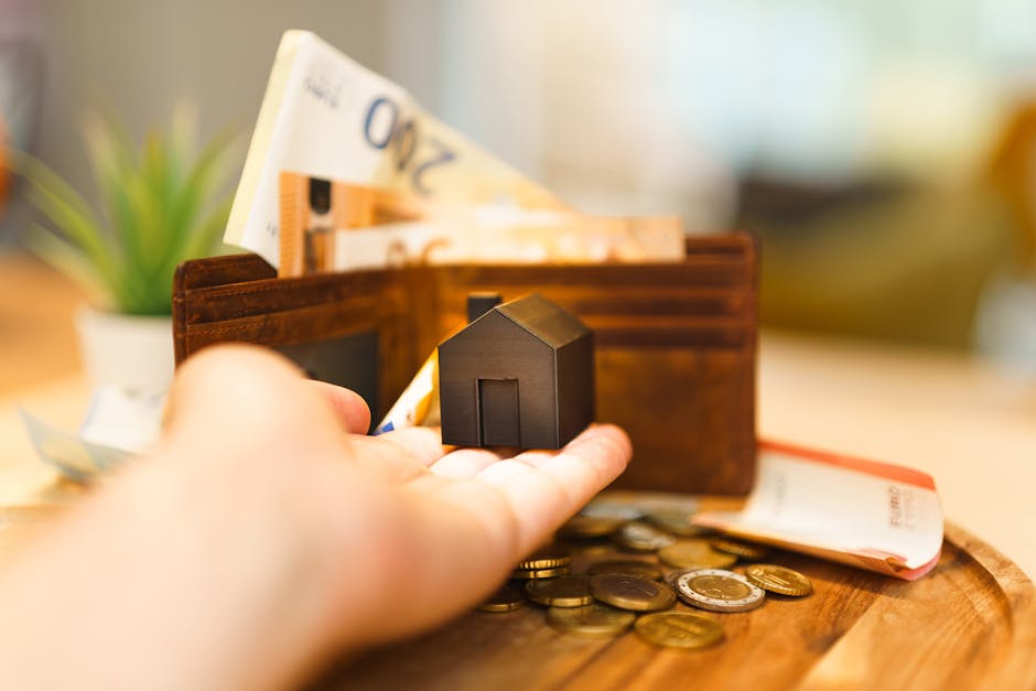 Close-up image of a person's hand reaching into a wooden wallet containing British currency notes and coins, with a small black house-shaped figurine held between the thumb and fingers. The wallet is placed on a wooden surface, alongside a few scattered coins and a partially visible banknote. In the background, there is a blurred green potted plant. The scene depicts a home relocation process involving packing and financial planning, with a focus on house removals and moving logistics as offered by Man with van Frognal, supported by packing materials such as cardboard and plastic, indicating the careful handling of belongings during small moves or furniture transport within a residential setting.