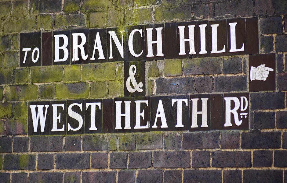 A close-up view of a brick wall with a directional street sign composed of individual black and white ceramic tiles, which displays the text 'to BRANCH HILL & WEST HEATH RD' in large capital letters. The tiles are arranged in two lines, with some moss and weathering visible on the bricks, indicating an outdoor setting. To the right of the sign, there is a small graphic of a white hand pointing right, also made of ceramic tiles. The overall scene suggests an urban environment typical for a house removal or furniture transport context, relating to the route from Frognal to Hampstead Heath, as part of a professional relocation service provided by Man with van Frognal.