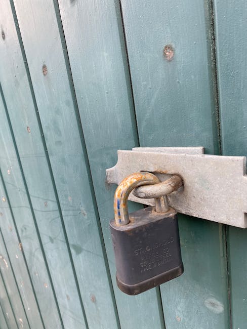 A close-up photograph of a black padlock securing a green wooden gate with vertical paneling. The padlock is attached to a rusted metal hasp mounted on the gate, which is held in place by visible screws. The surrounding environment includes the textured green wood with some visible knots and grains, and a slight sheen indicating external weather exposure. This image illustrates the need to access secure gates or narrow drives during home relocation or furniture transport, as managed by Man with van Frognal, a professional removals service specializing in house moves and moving logistics on a typical residential driveway or entryway.