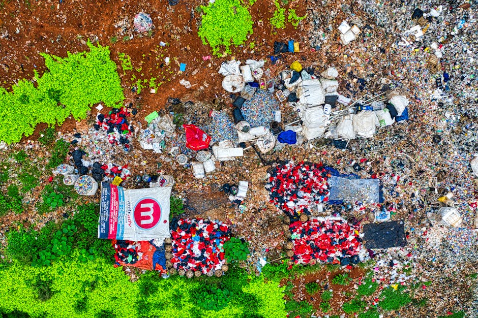 A large open area featuring a substantial landfill or dump site with numerous piles of mixed construction debris, plastic waste, and organic matter. In the foreground, there are scattered cardboard boxes, plastic bags, and pieces of wood and fabric materials. The site is bordered by patches of green vegetation, while a paved pathway or road runs alongside it, with some equipment or waste collection containers visible. Beyond the landfill, there is a backdrop of dense trees and distant buildings, with a cloudy sky overhead. This setting appears to be an outdoor environment unrelated to house removals or moving services, highlighting waste disposal or environmental management activities.
